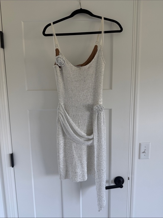 JLUXLABEL Dresses & Skirts - JLUXLABEL White Sequin Mini Slip Dress with Draped Rosette